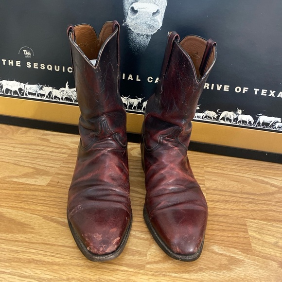 Lucchese Black Cherry Roper Leather Boots Women’s  Size 9.5 E VTG USA Distress - Picture 1 of 16